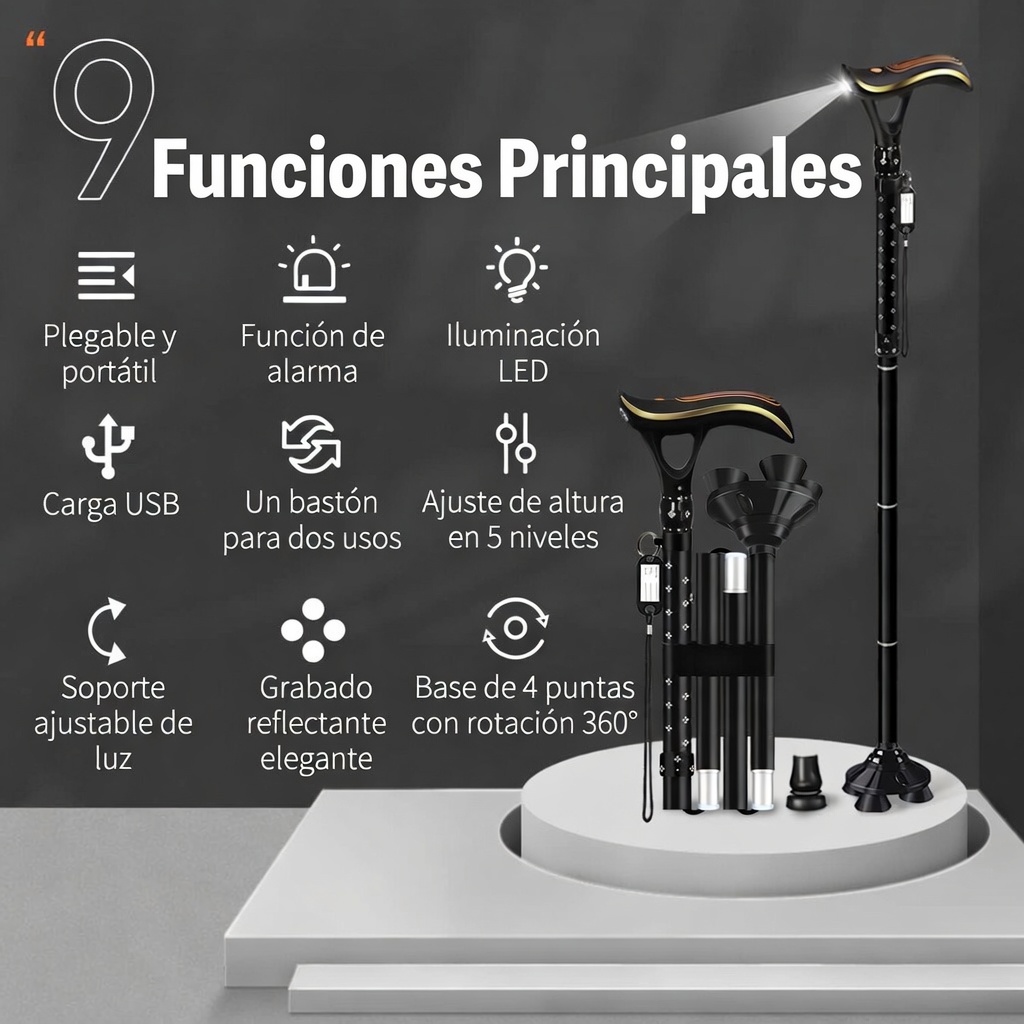 Bastón Plegable con Alarma Inteligente y Luz LED para mayores